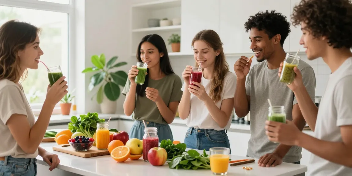 Friends sharing antioxidant supplement smoothies in a bright kitchen in Canada.