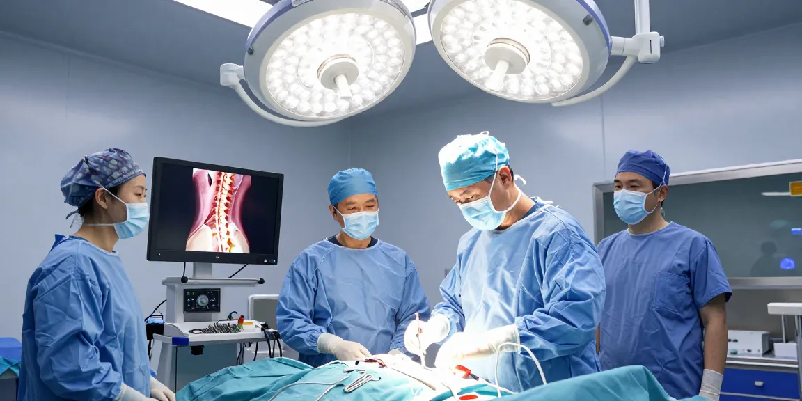 Bel kayması ameliyatı in progress with a surgeon and detailed spinal anatomy highlighted.
