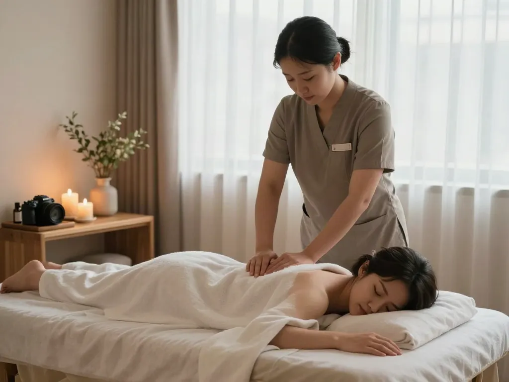 Professional 명동출장마사지 session in a tranquil studio with soft lighting and soothing decor