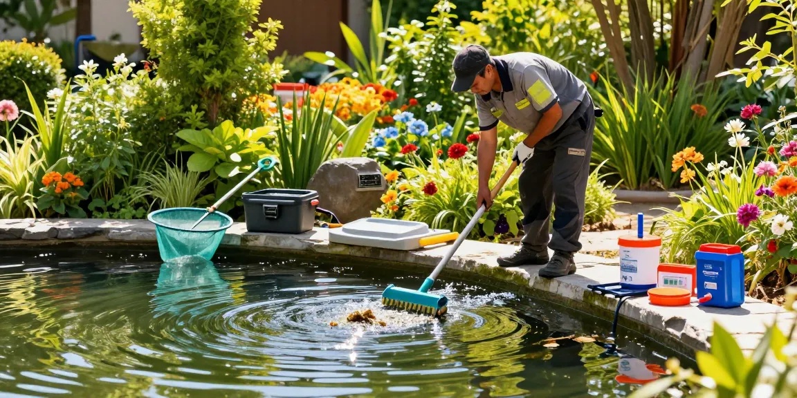 Pond Cleaning London by a professional technician using a skimmer in a vibrant, well-maintained pond.
