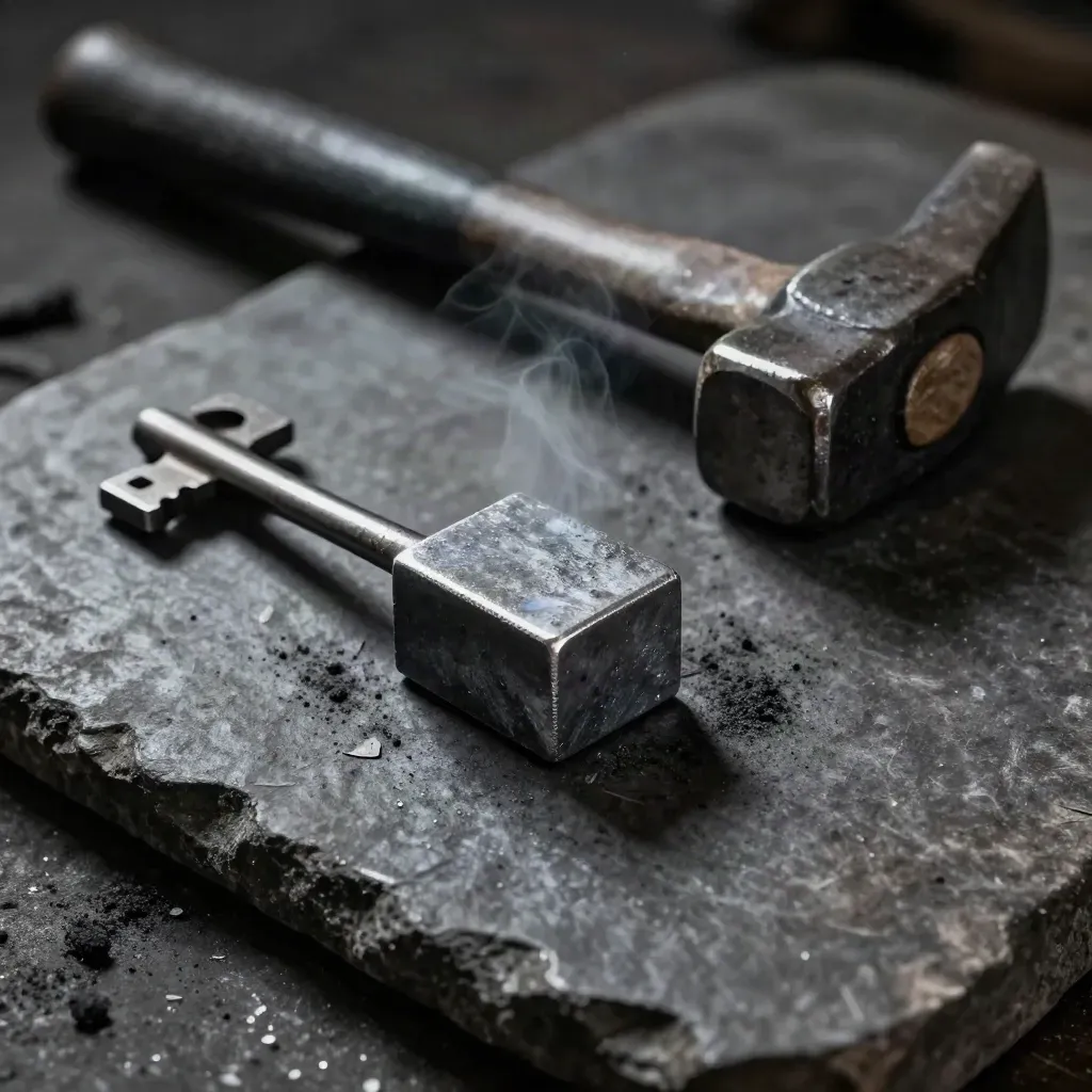 Blacksmith tongs, a quenched billet, and hammer head on soot-grey stone with steam