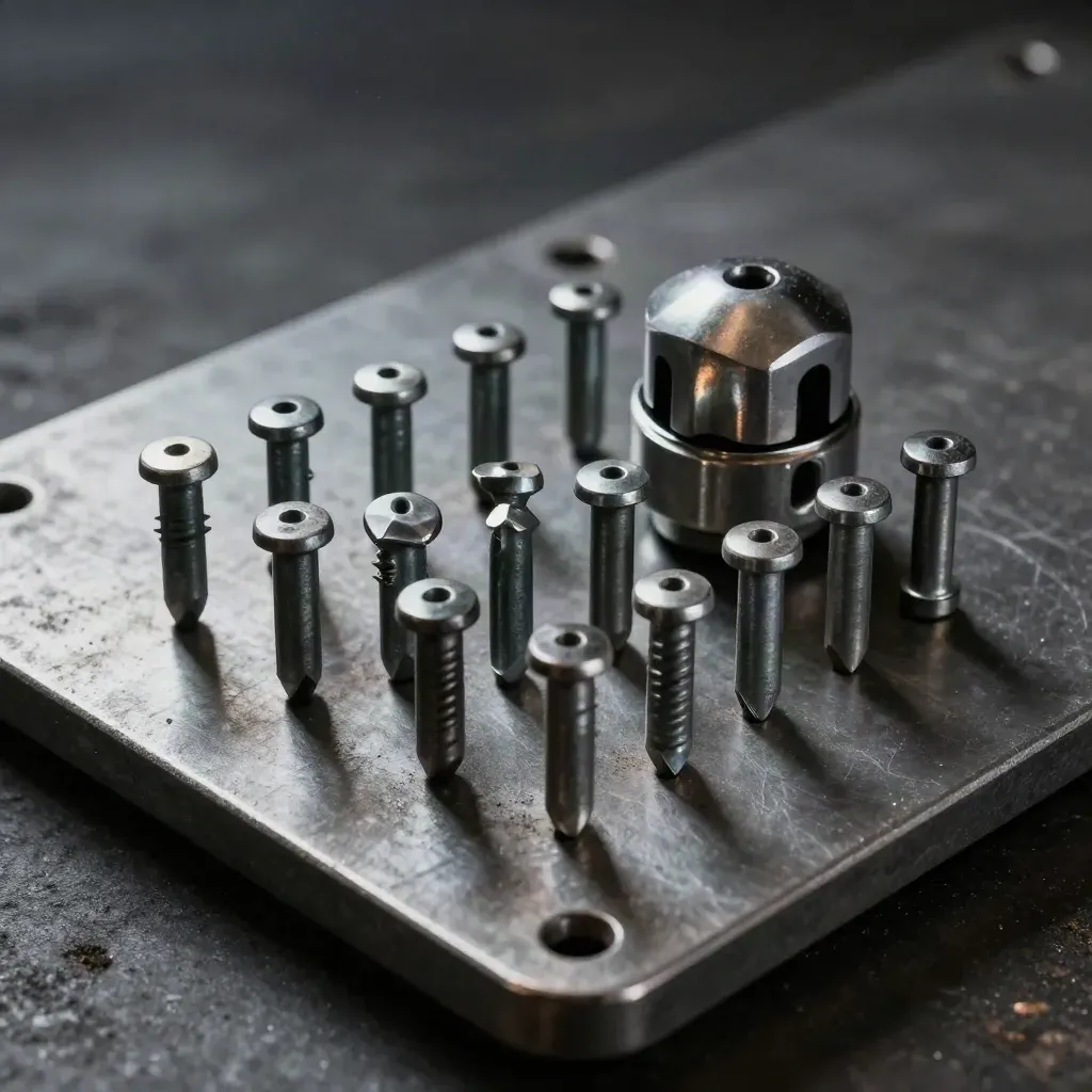 Top-down rail hardware still life with spikes, coupler sleeve, and track plate on graphite metal.