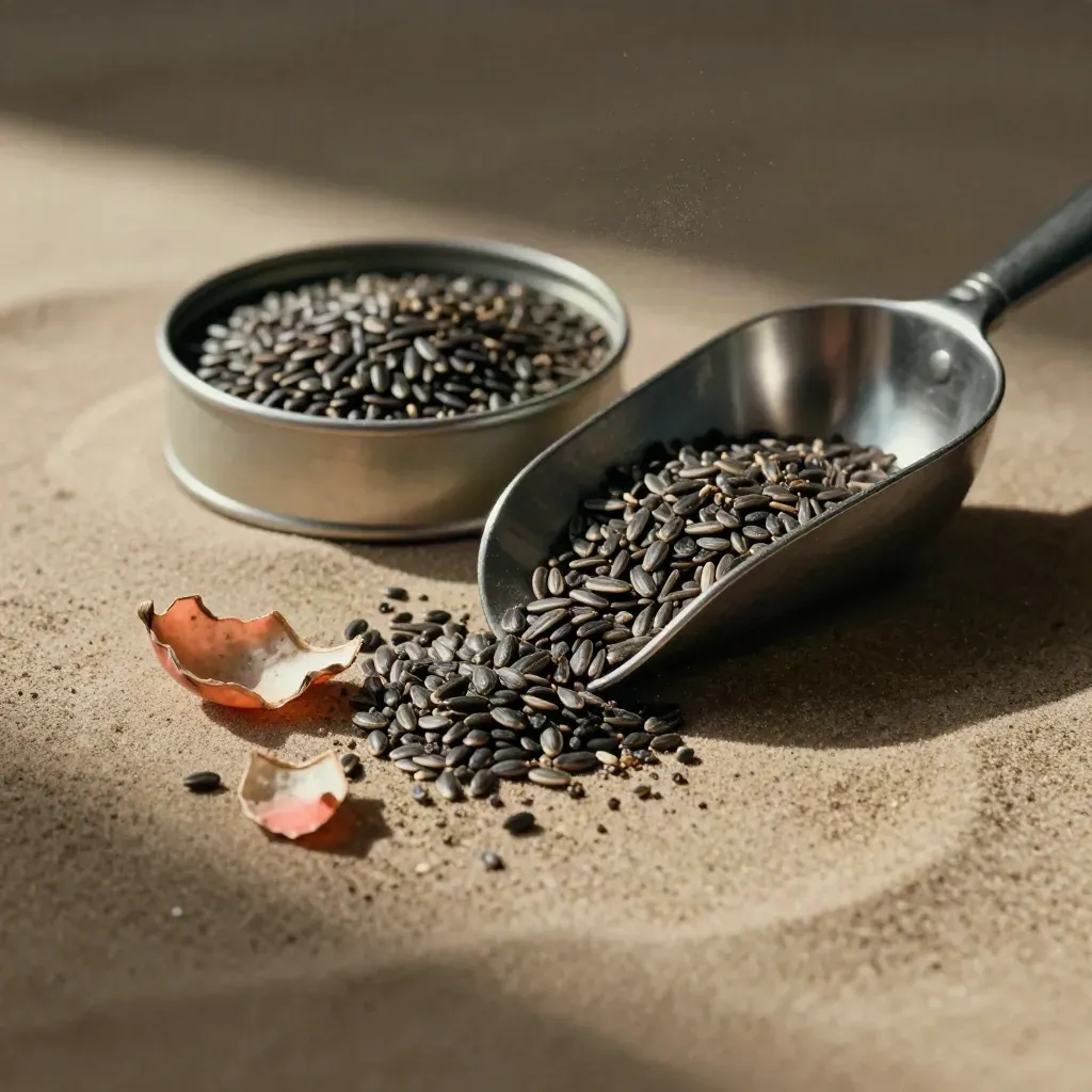 Seed pods, dark seeds and a metal scoop on sand plaster in warm editorial light.