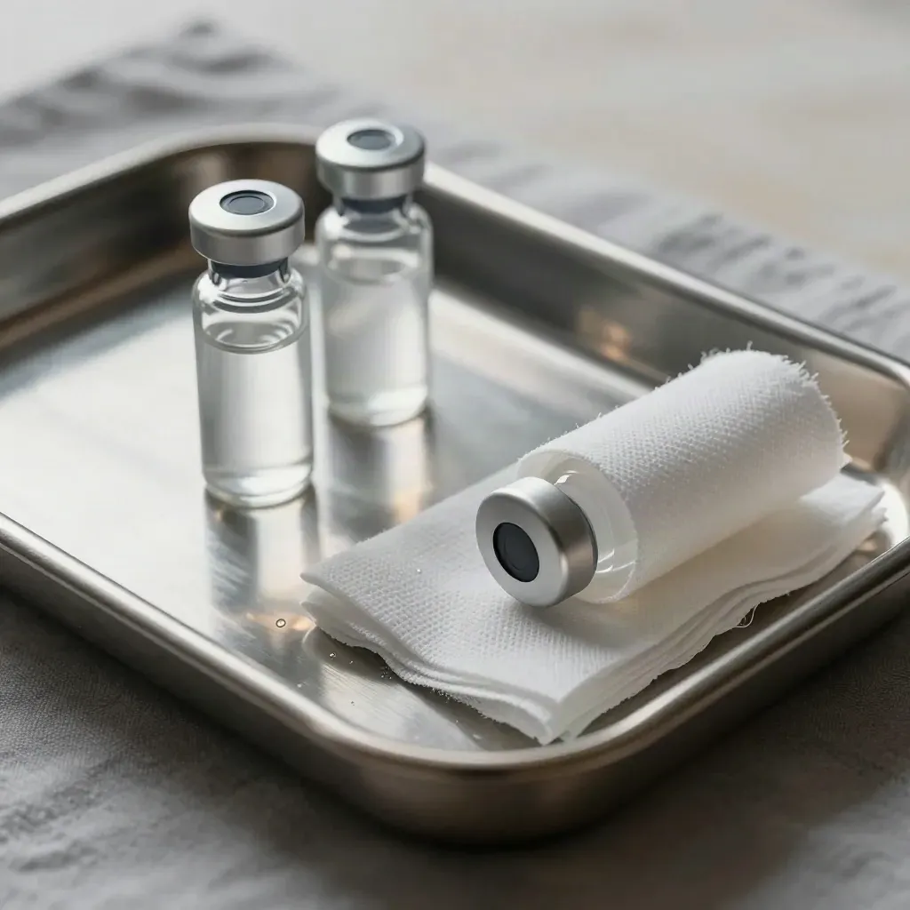 Macro still life of stainless tray, capped vials, and folded gauze on cool grey linen.