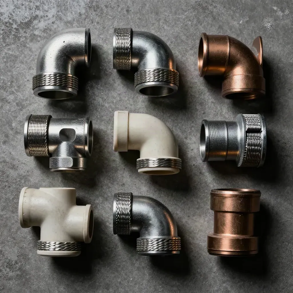 Top-down grid of conduit elbows, cable ferrules, and a junction block on dusty graphite concrete.