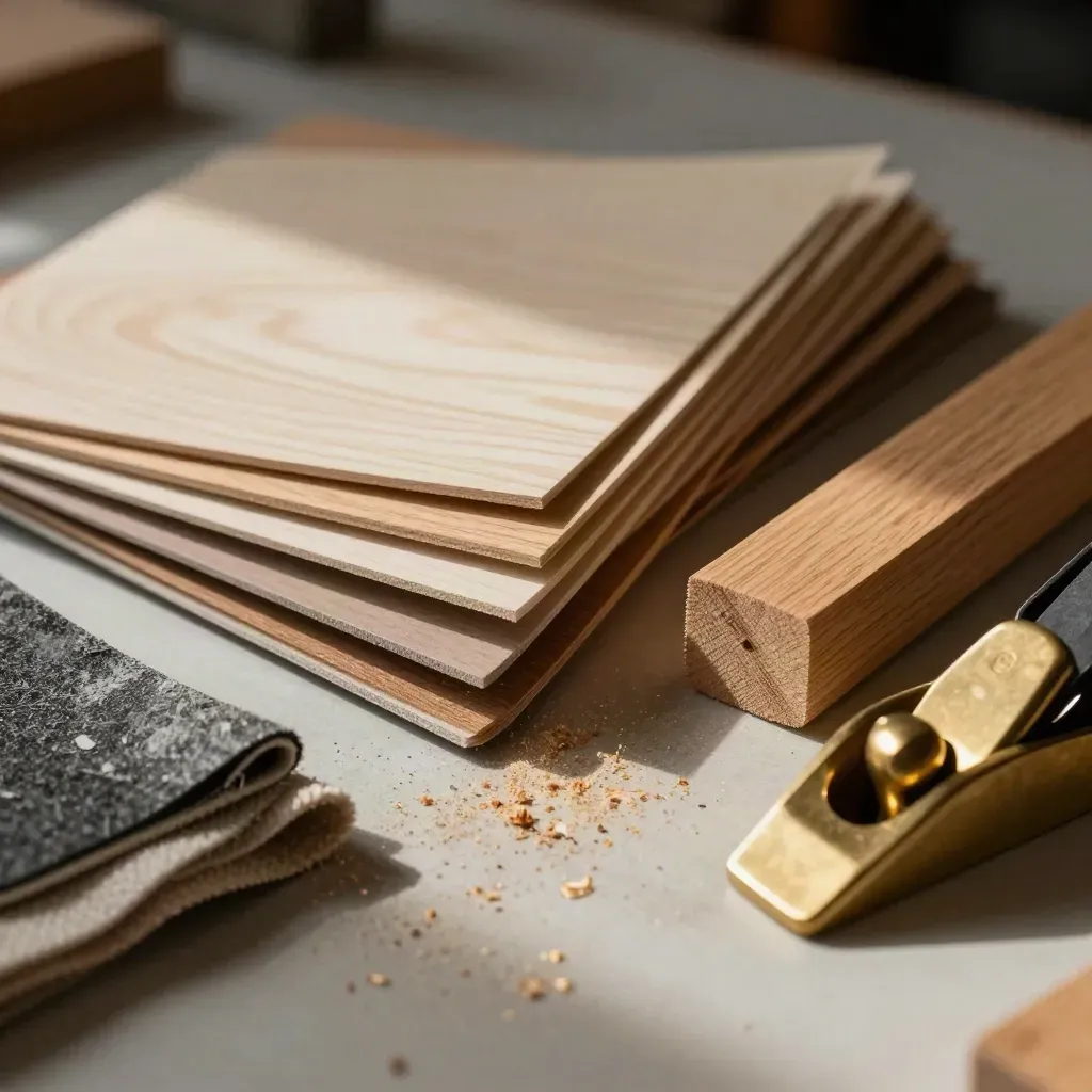 Wood veneer fan with oak offcut, sanding cloth and brass plane iron on a pale workbench.