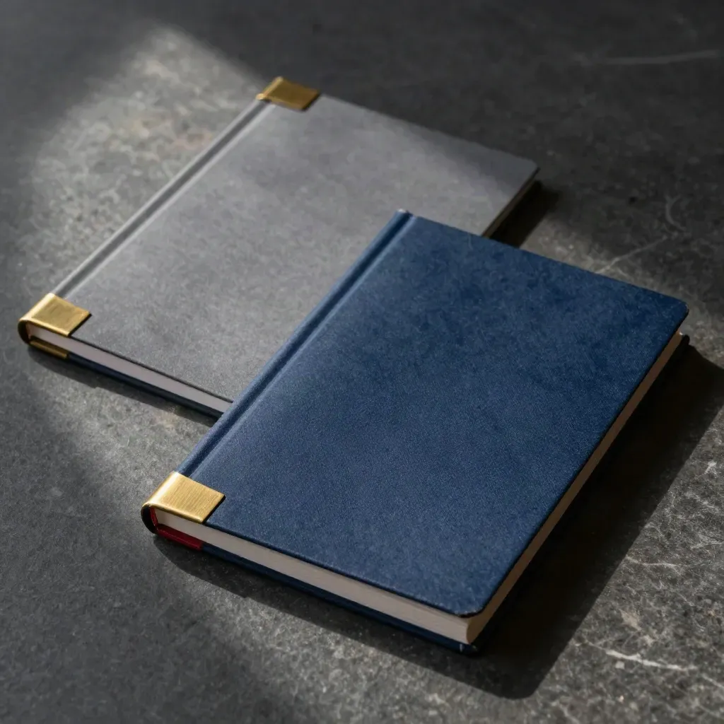 Matched blank pitch-book covers with brass corners on dark stone, lit dramatically.