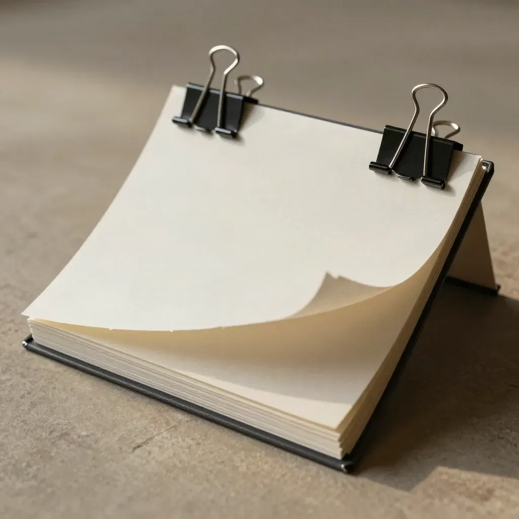 Top-down cream pitch folio with binder clips and a folding divider on warm stone.