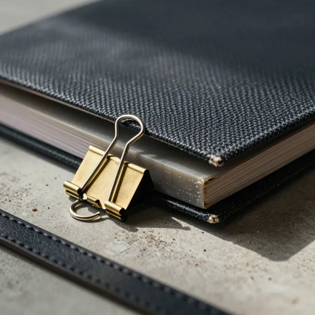 Closed pitch folio, prototype shell, and brass binder clip on a concrete bench in side light.