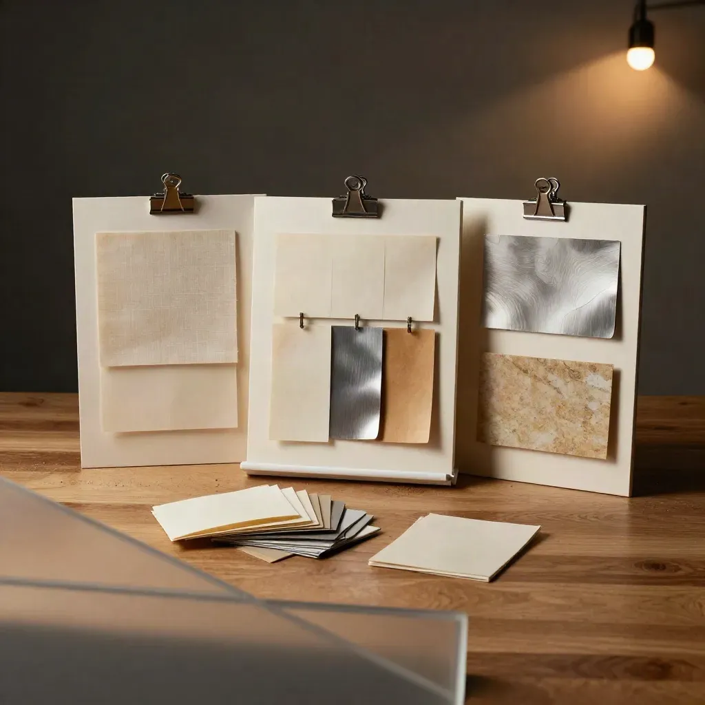 Overhead still life of agency pitch boards, swatches and a clip rail on warm oak.