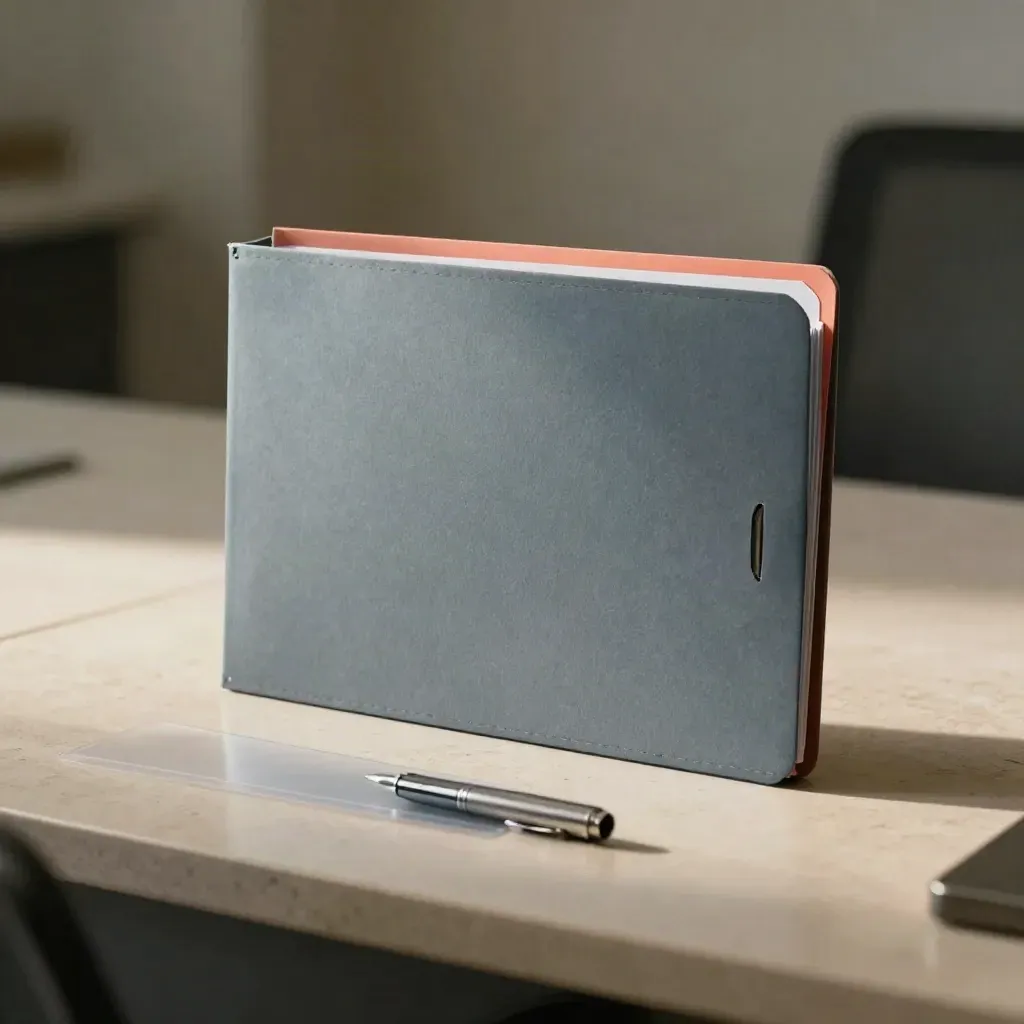 Snapped sales proposal folder with divider and metal pen cap on a stone ledge, in soft macro focus.
