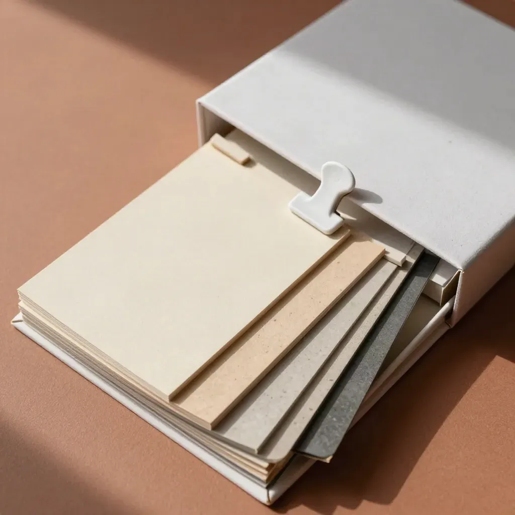 Top-down swatch kit and archival box on terracotta plaster with soft shadows