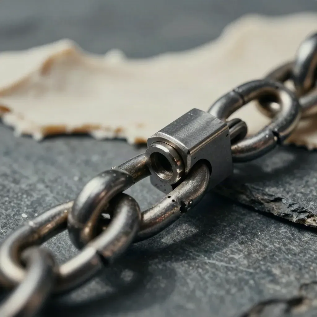 Macro metal chain links and connector block on stone, lit low and diagonally