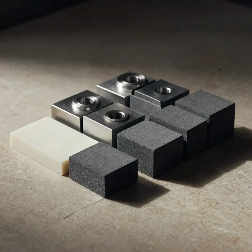 Graphite modular blocks and spacer shims in a dramatic top-down still life on limestone.