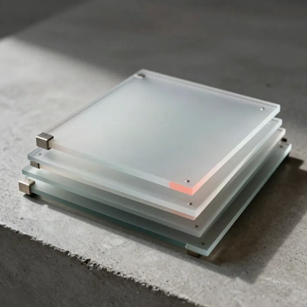 Fanned frosted glass sheets with metal corner joins on concrete, lit in a cool premium still life.