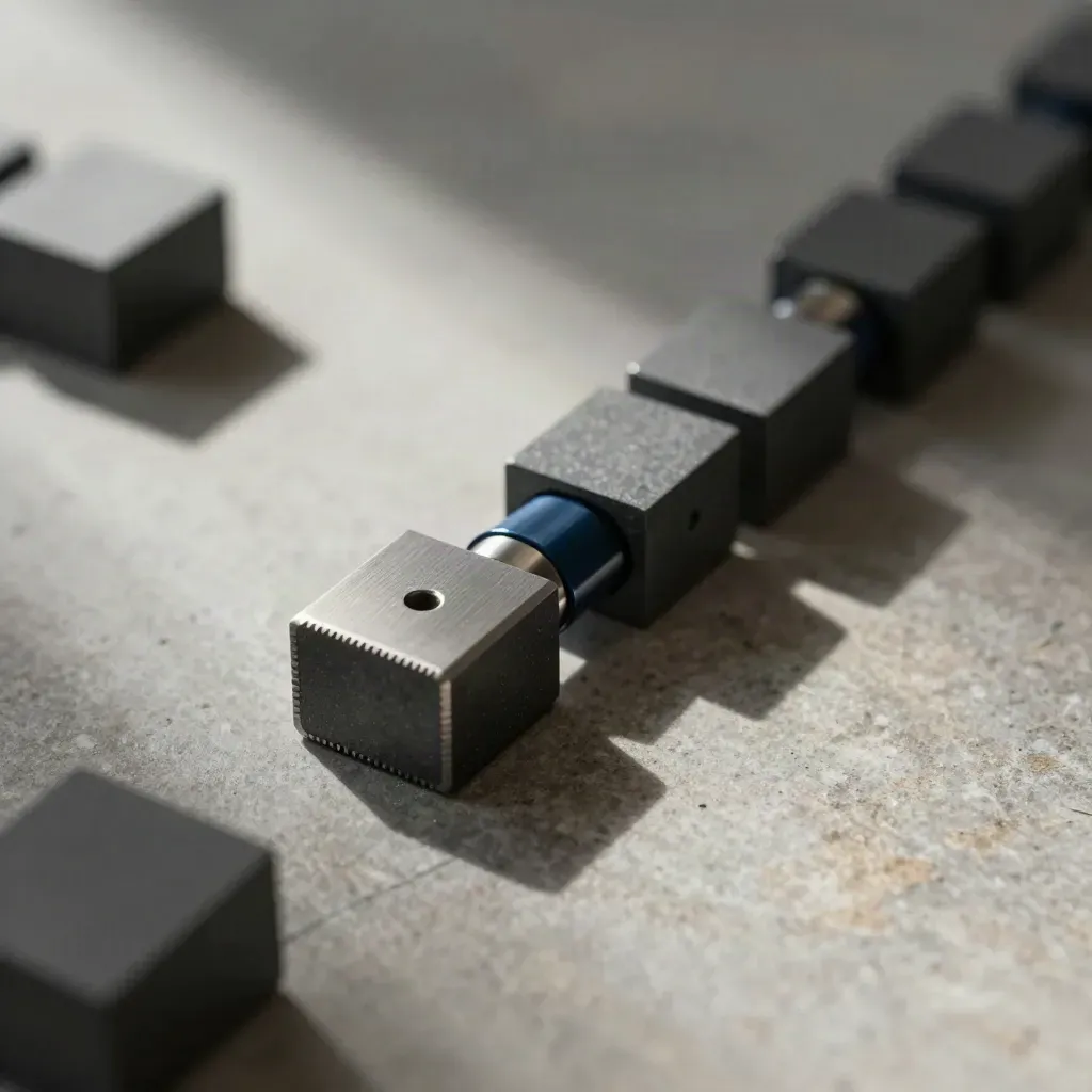 Graphite modular blocks and linked metal nodes on stone, one node snapped into place in a diagonal close-up.