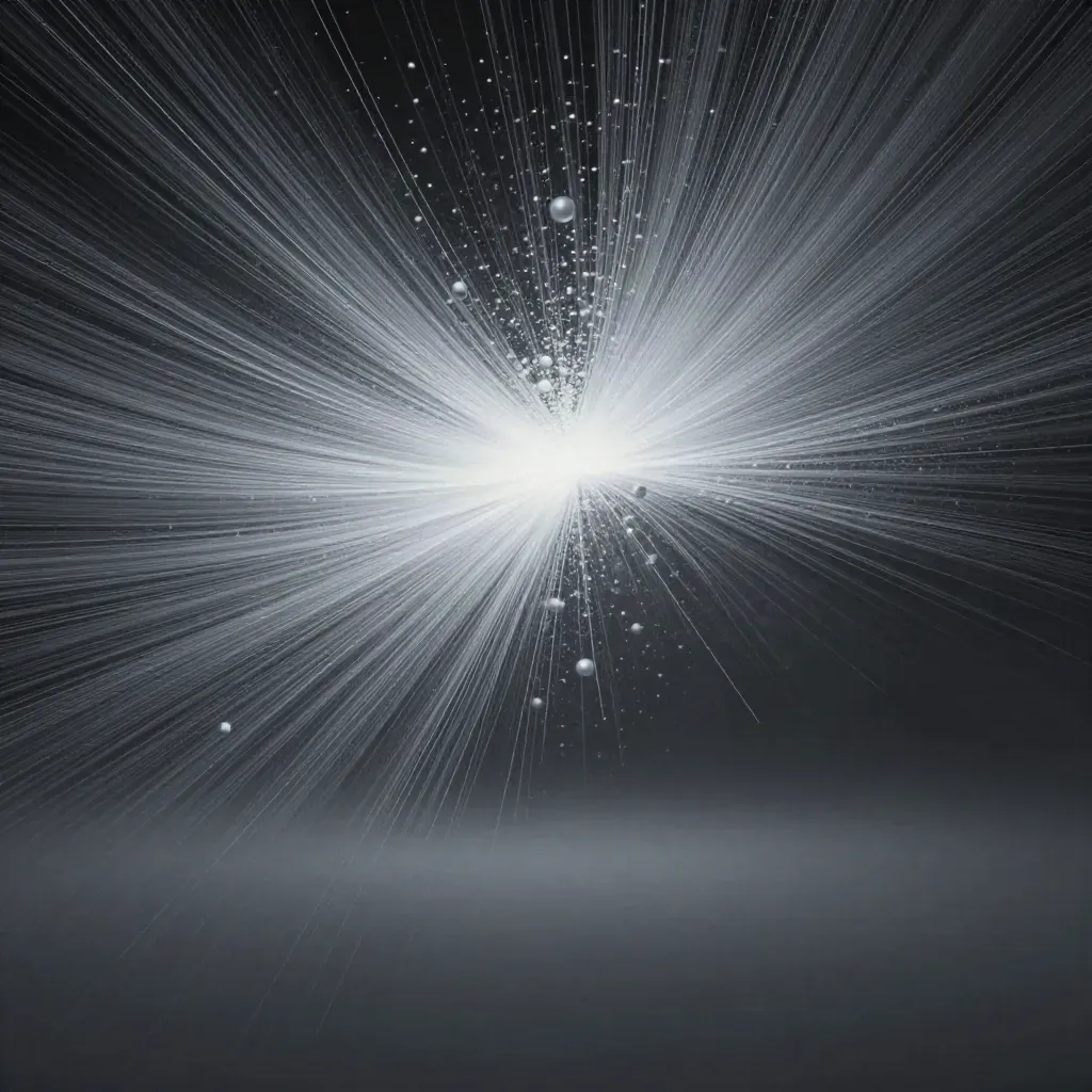Silver light filaments converge into a soft bloom in graphite haze with calm copy space.