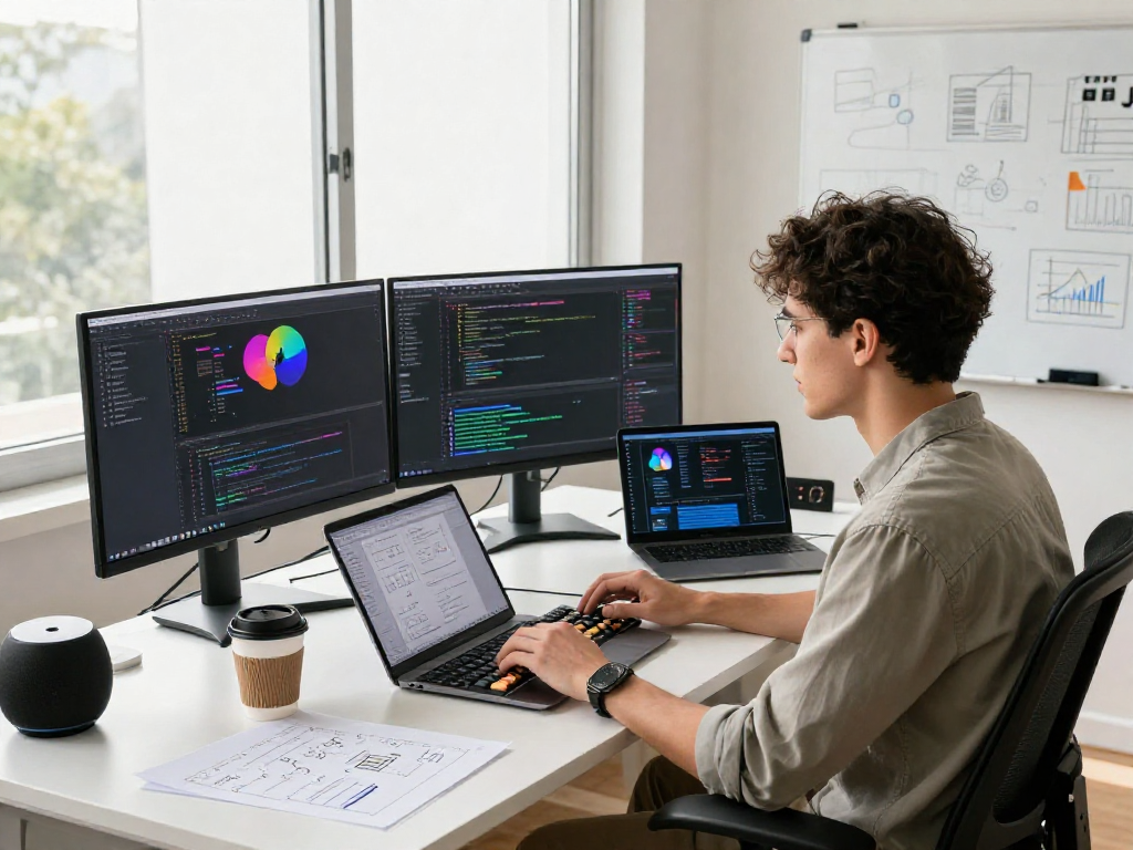 Dynamic workspace featuring a young engineer coding and engaging with AI tools, showcasing a crush on AI innovation.