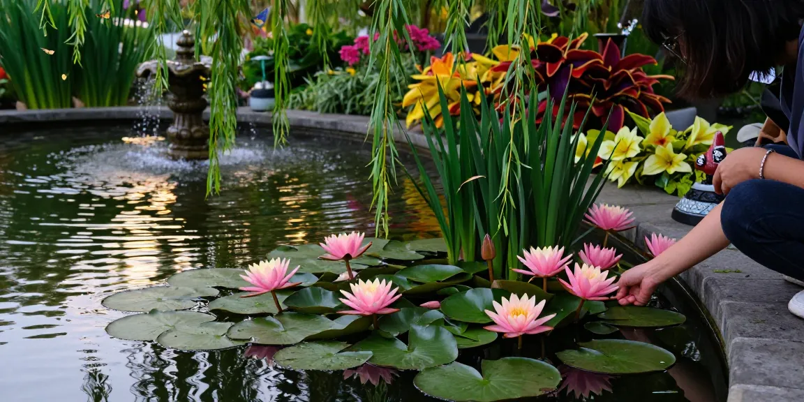 Buy water lilies beautifully blooming in a tranquil garden pond scene.